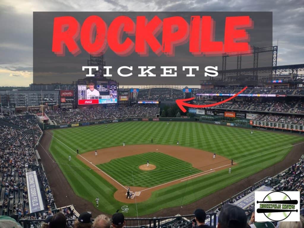 Coors Field from behind home plate with graphics showing where the Rockpile seats are located